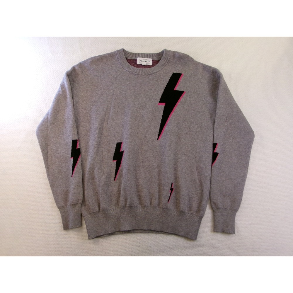 For the Republic Womens Gray Lightning Bolt Intarsia Crewneck‎ Sweater Large